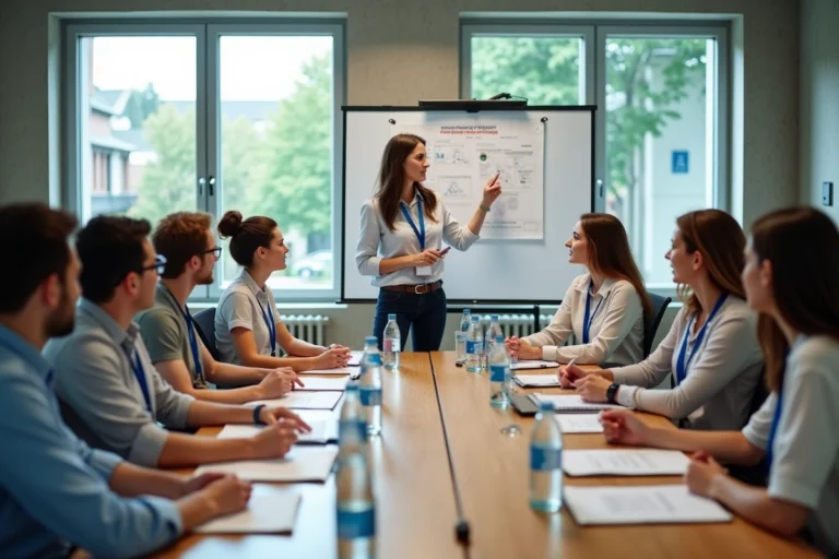 Formateurs adultes suivant une session de formation pour encadrement de séjour scolaire autour d'une table de réunion