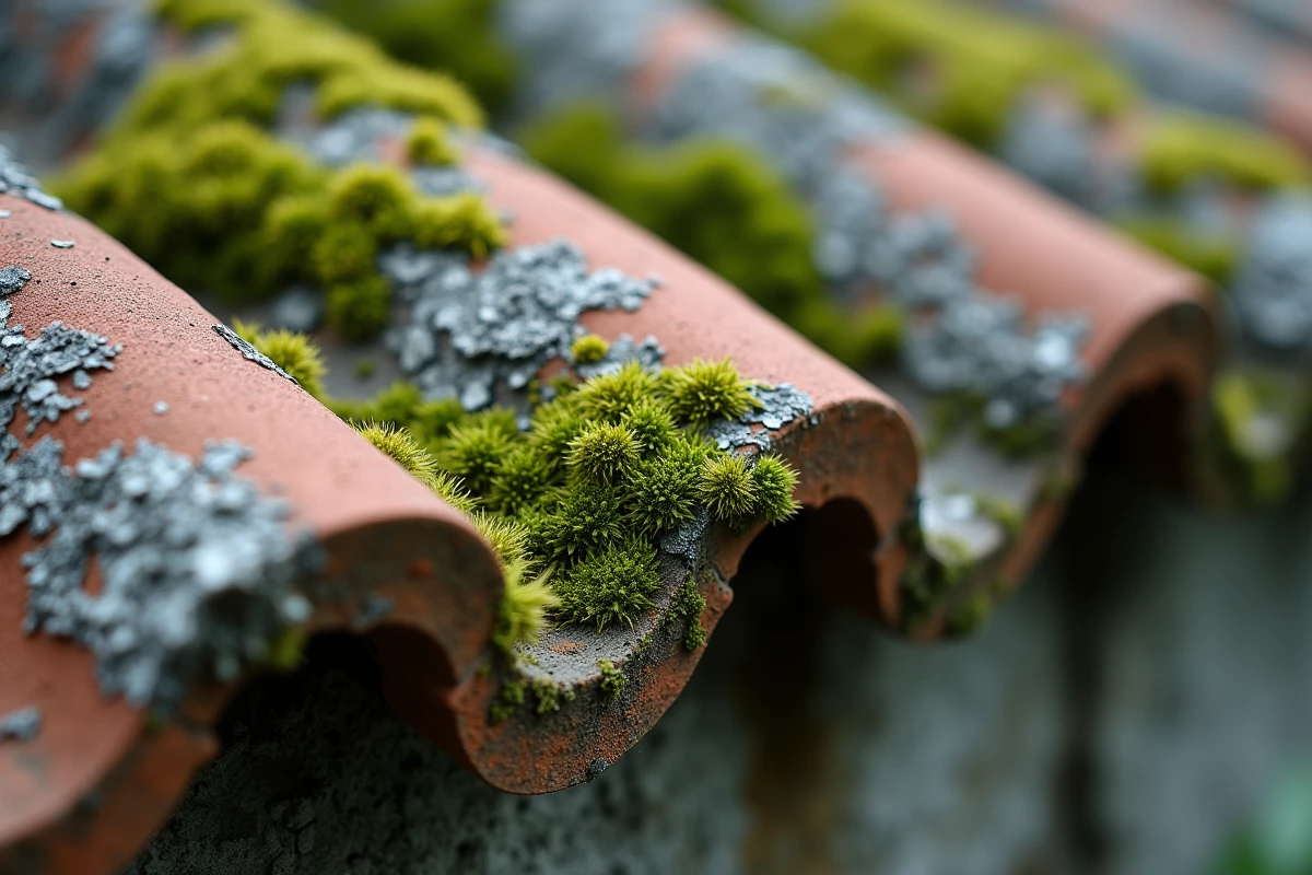 Gros plan sur des tuiles en béton envahies par les algues, lichens et mousses sur une toiture dégradée