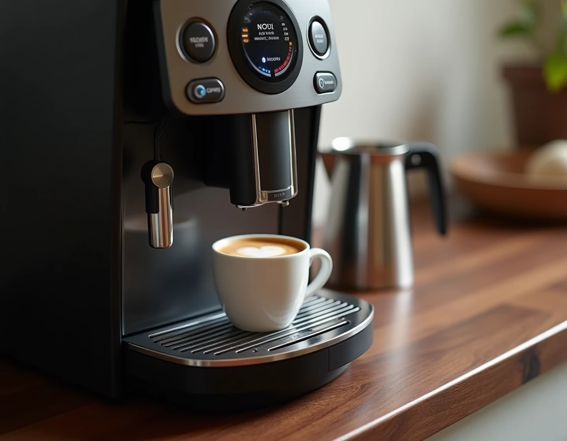 Gros plan sur le panneau de commande de la Saeco Picobaristo Deluxe avec un double espresso et sa crema dans une tasse en céramique