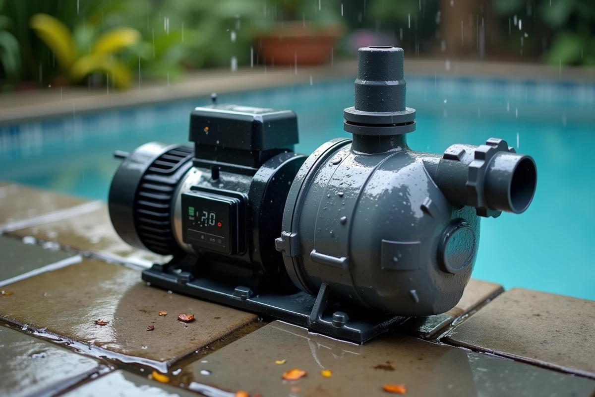 Gros plan sur une pompe de filtration de piscine sous la pluie avec raccords PVC mouillés