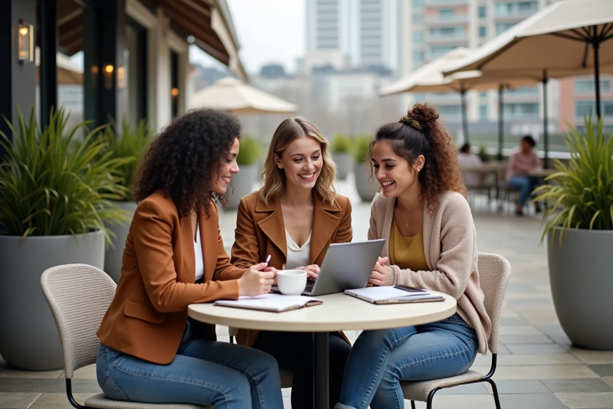 Trois femmes discutant autour d une table de café en plein air
