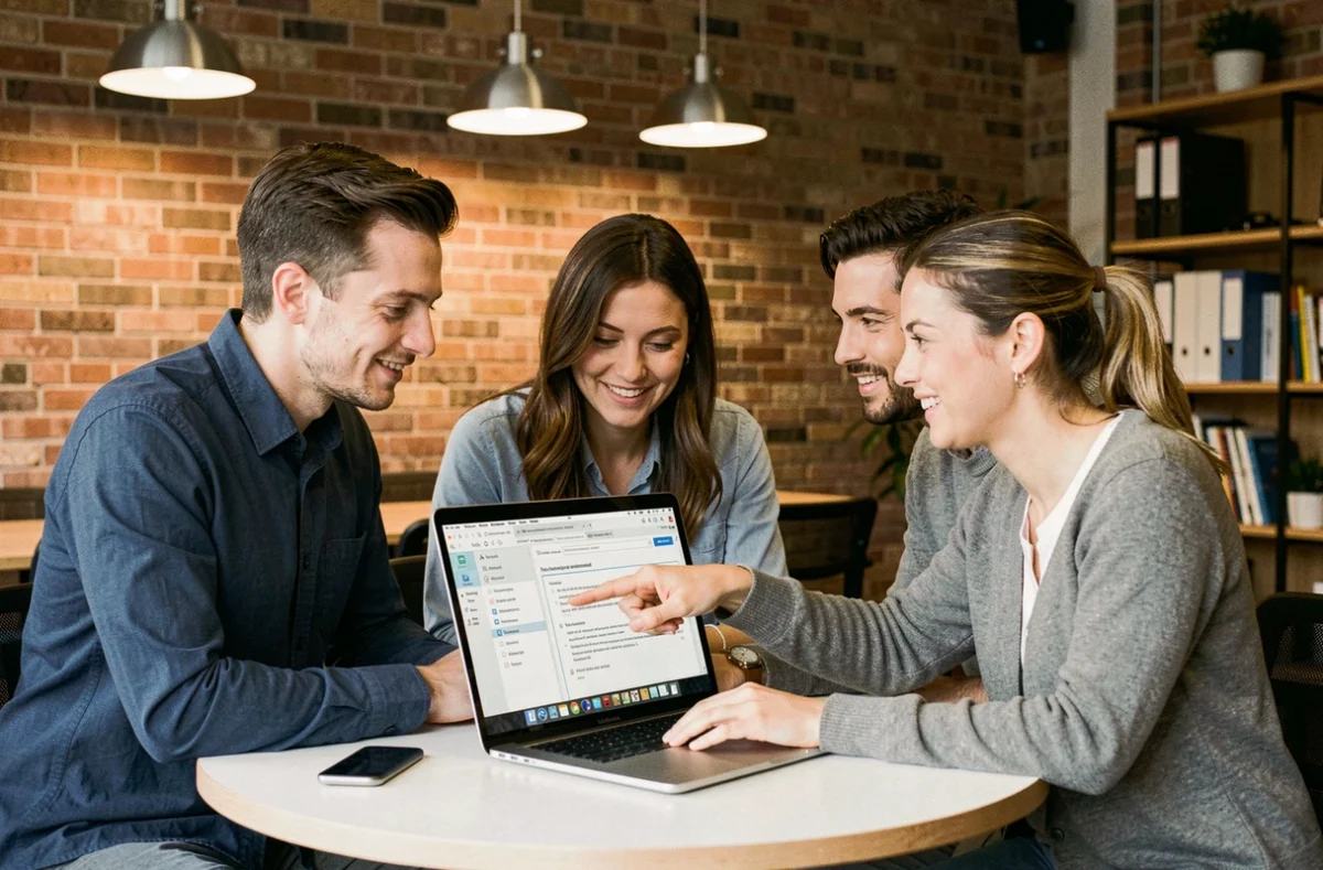 Groupe de professionnels collaborant sur une formation administrative en ligne dans un espace de coworking moderne
