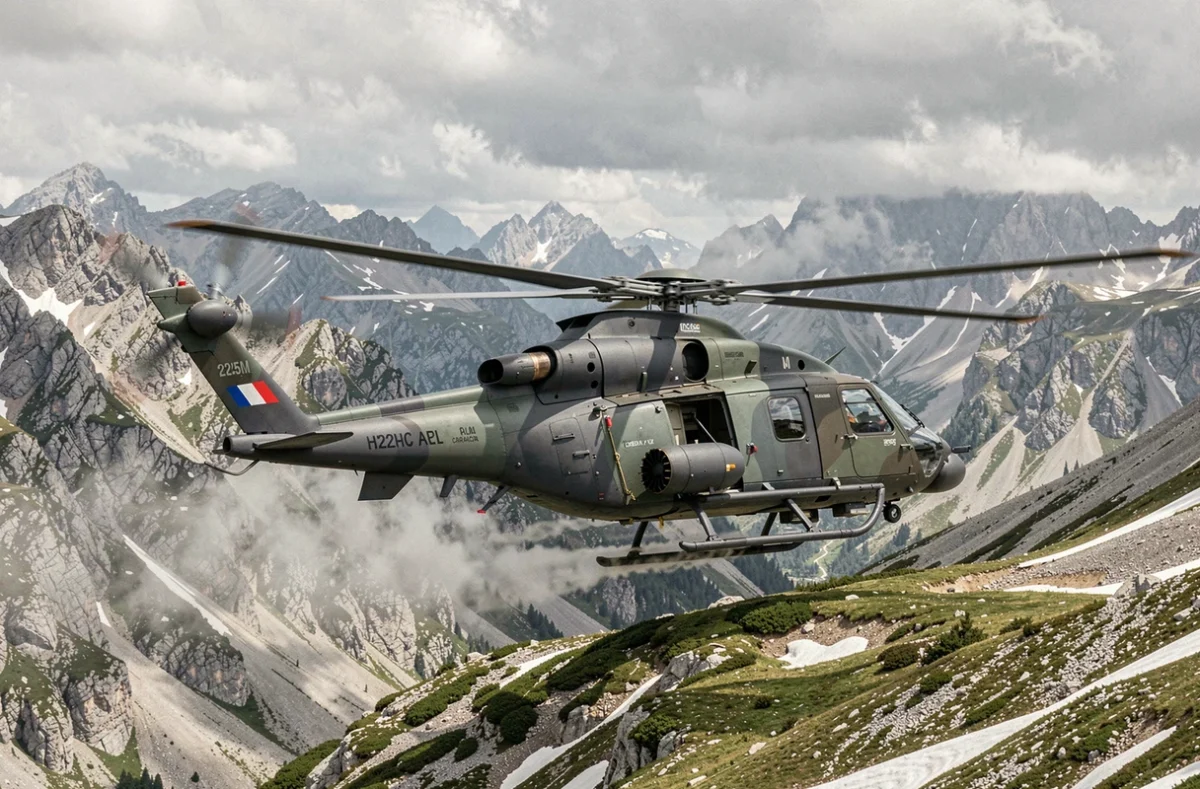 Hélicoptère militaire français Airbus H225M Caracal en vol au-dessus des Alpes françaises avec camouflage bicolore et cocardes tricolores