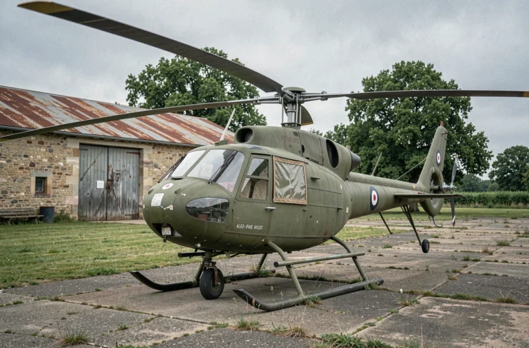 Hélicoptère militaire français vintage des années 1960 exposé sur un terrain d'aviation historique en France avec livrée vert olive usée
