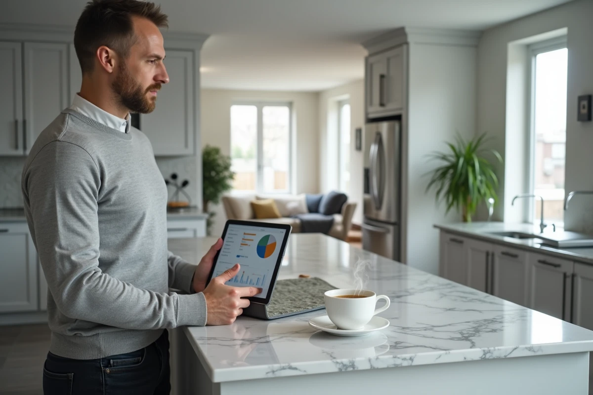 Homme consultant une application de gestion de copropriété sur tablette dans une cuisine moderne
