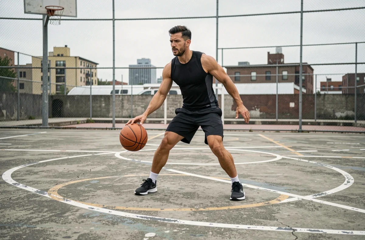 Jeune homme jouant au basketball sur un terrain extérieur en béton dans un quartier urbain