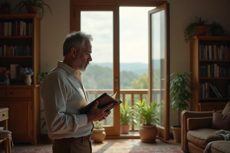Homme d'âge moyen tenant une Bible dans un intérieur paisible