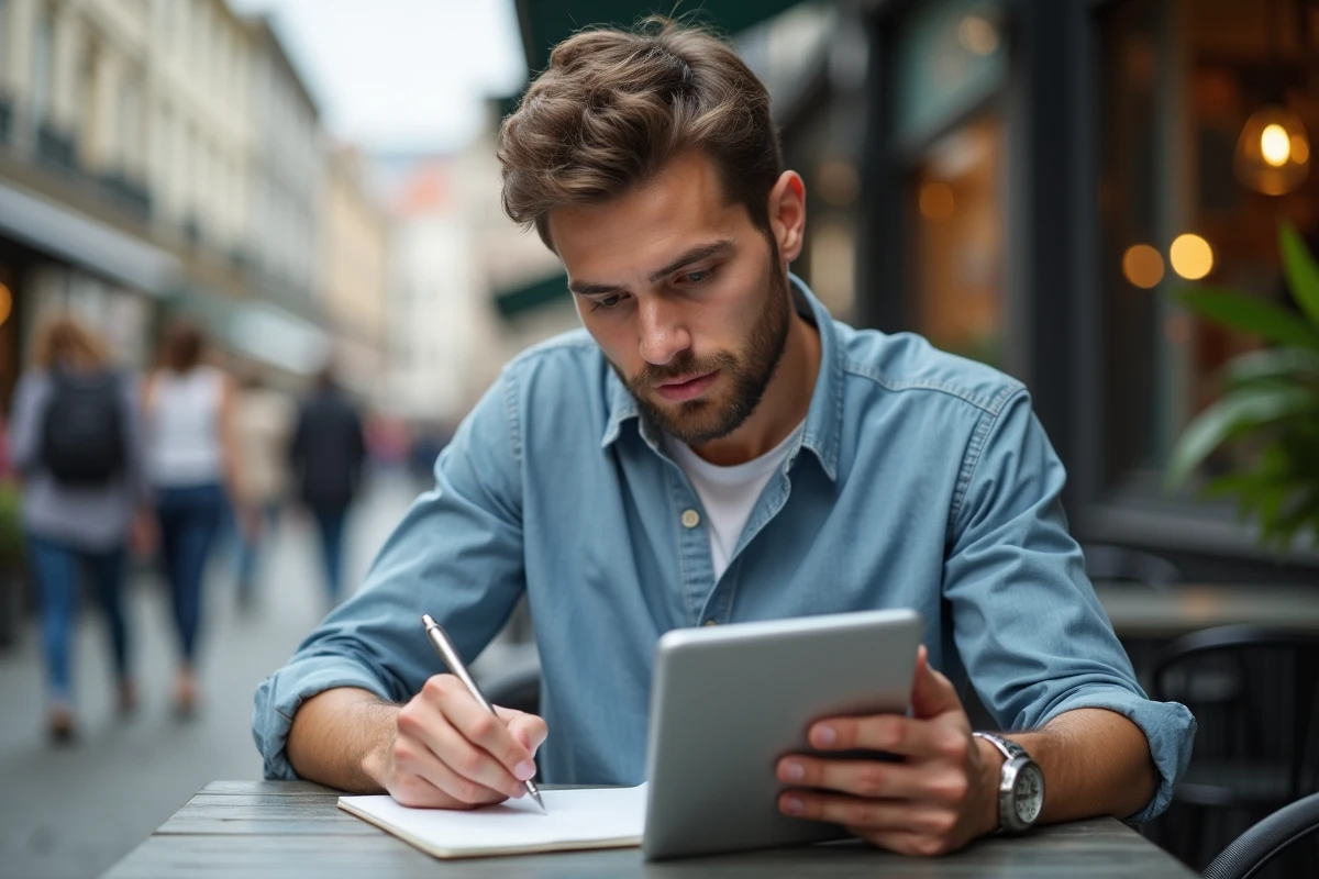 Homme prenant des notes avec tablette dans un café urbain