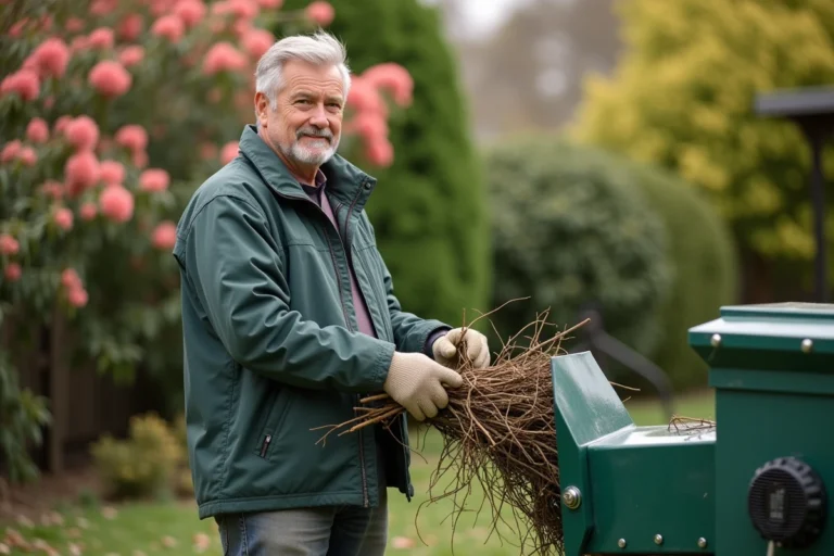 Homme en vêtements de jardinage utilisant un broyeur de branches