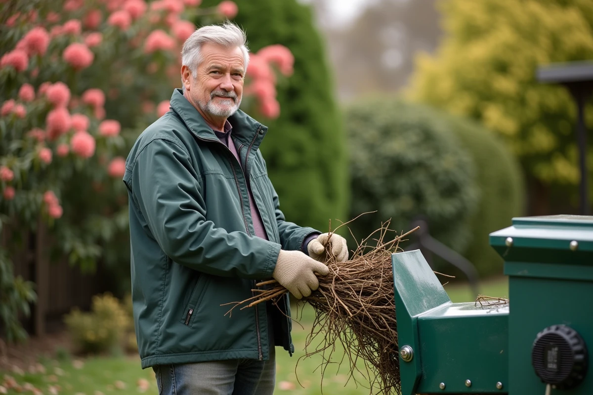 Homme en vêtements de jardinage utilisant un broyeur de branches