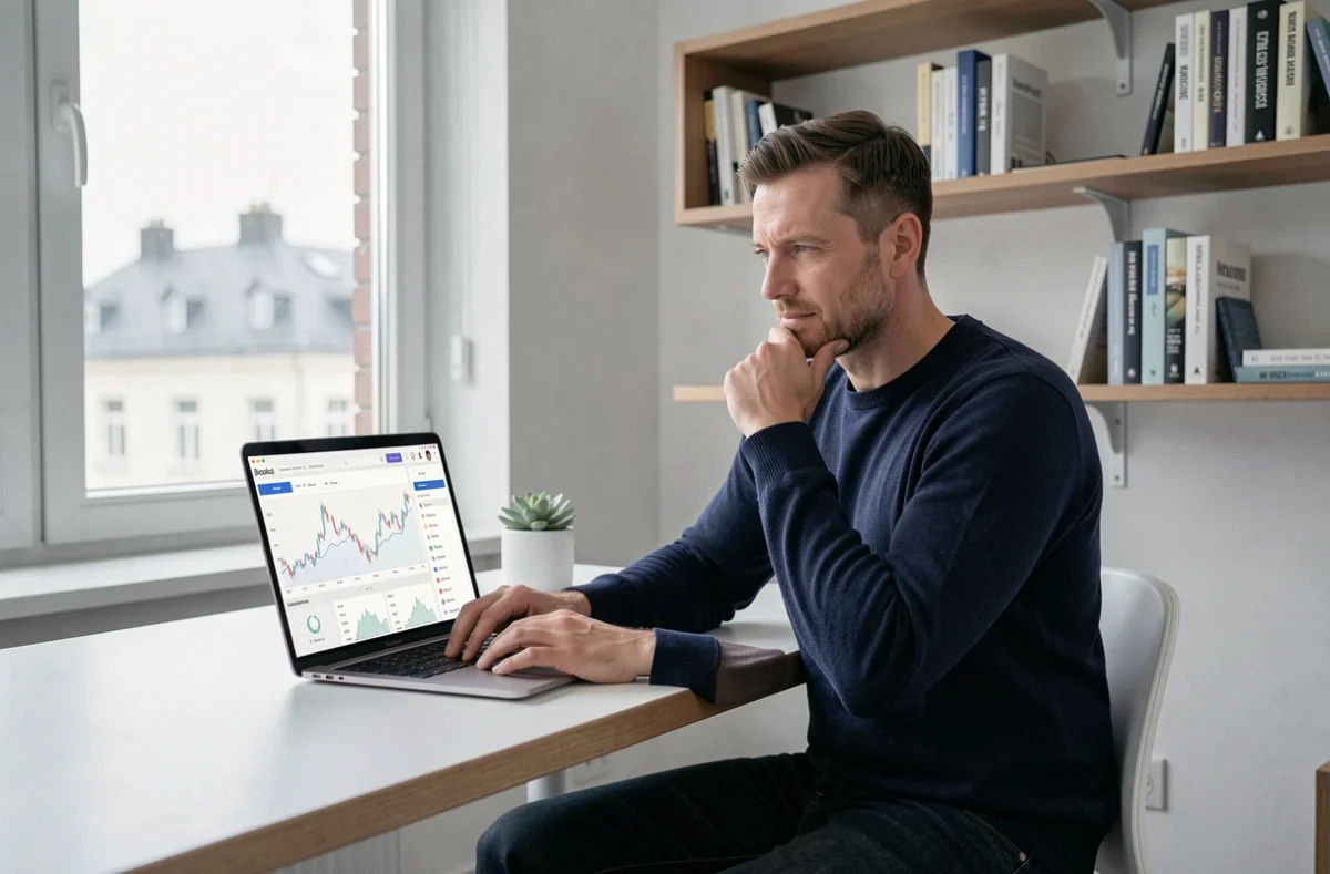 Homme planifiant ses finances personnelles sur ordinateur portable dans un bureau minimaliste scandinave