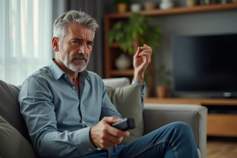 Homme d'âge moyen avec télécommande dans un salon moderne