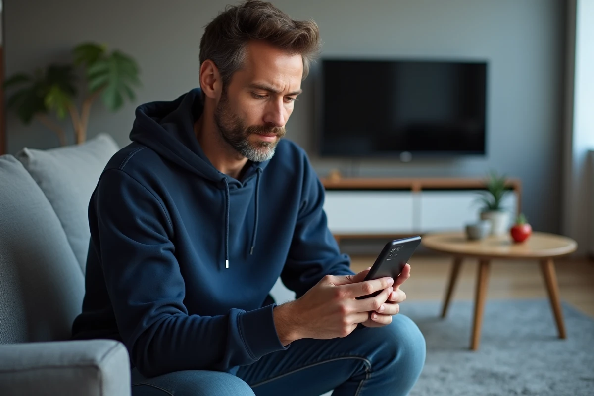 Homme consultant la nouvelle adresse d'un site de streaming sur smartphone dans un salon moderne