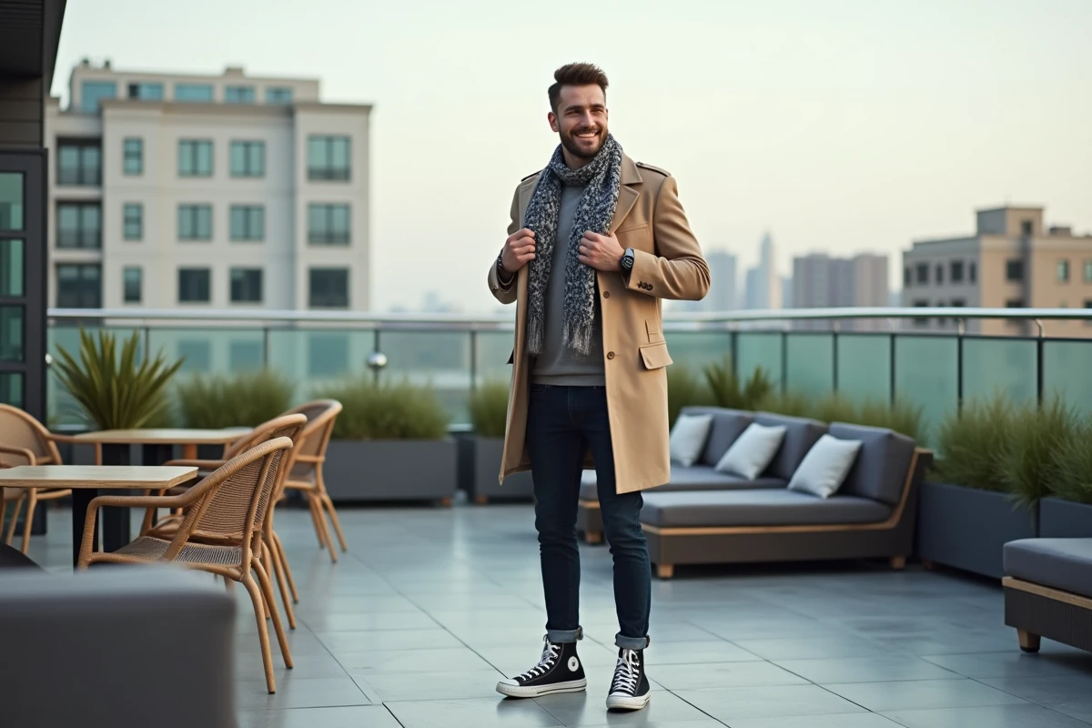 Homme moderne ajustant son foulard sur un rooftop urbain
