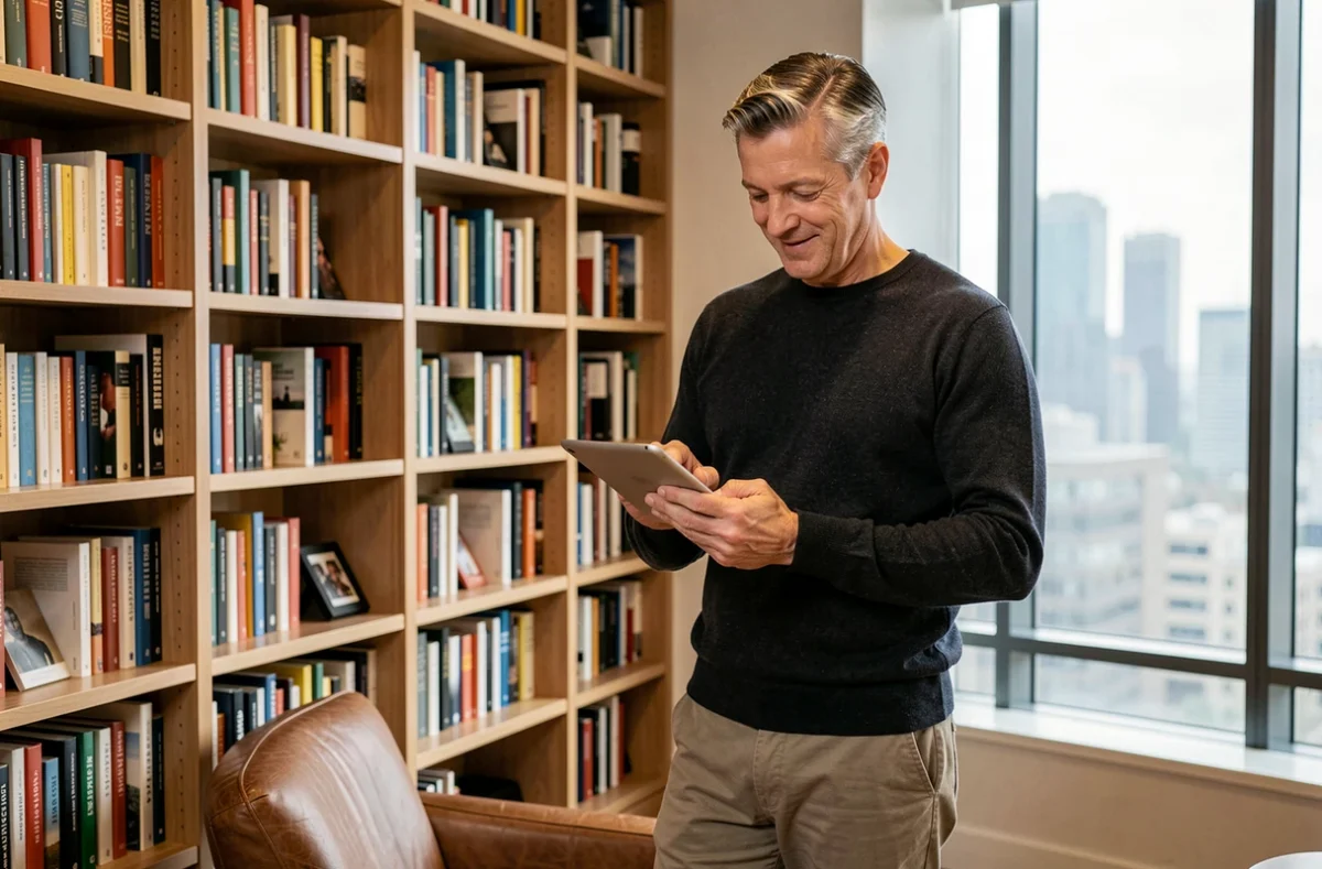Homme parcourant des articles populaires sur une tablette dans une bibliothèque moderne, sélection Ghimel Le Mag