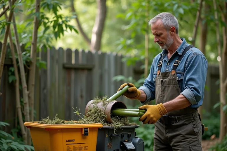 Homme en travail avec broyeur à bambou dans le jardin
