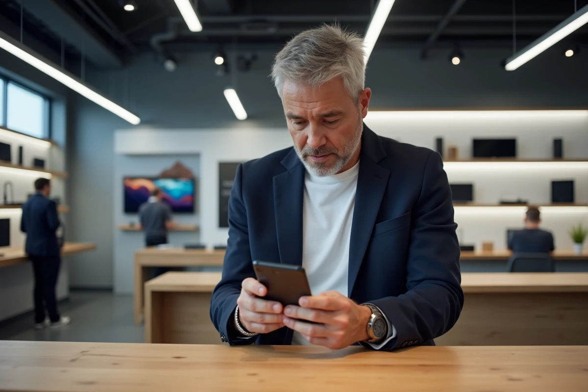 Homme examinant un smartphone pliable innovant dans un showroom high-tech en 2024