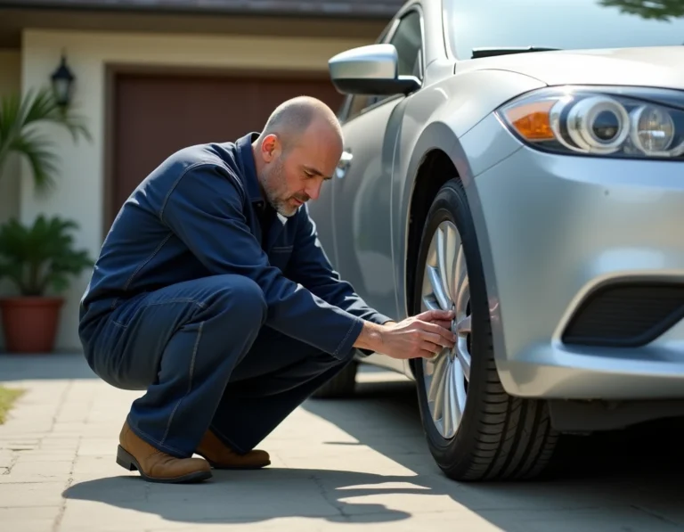 Homme inspectant les pneus de sa voiture dans une allée résidentielle pour vérifier l'usure et l'état général du véhicule