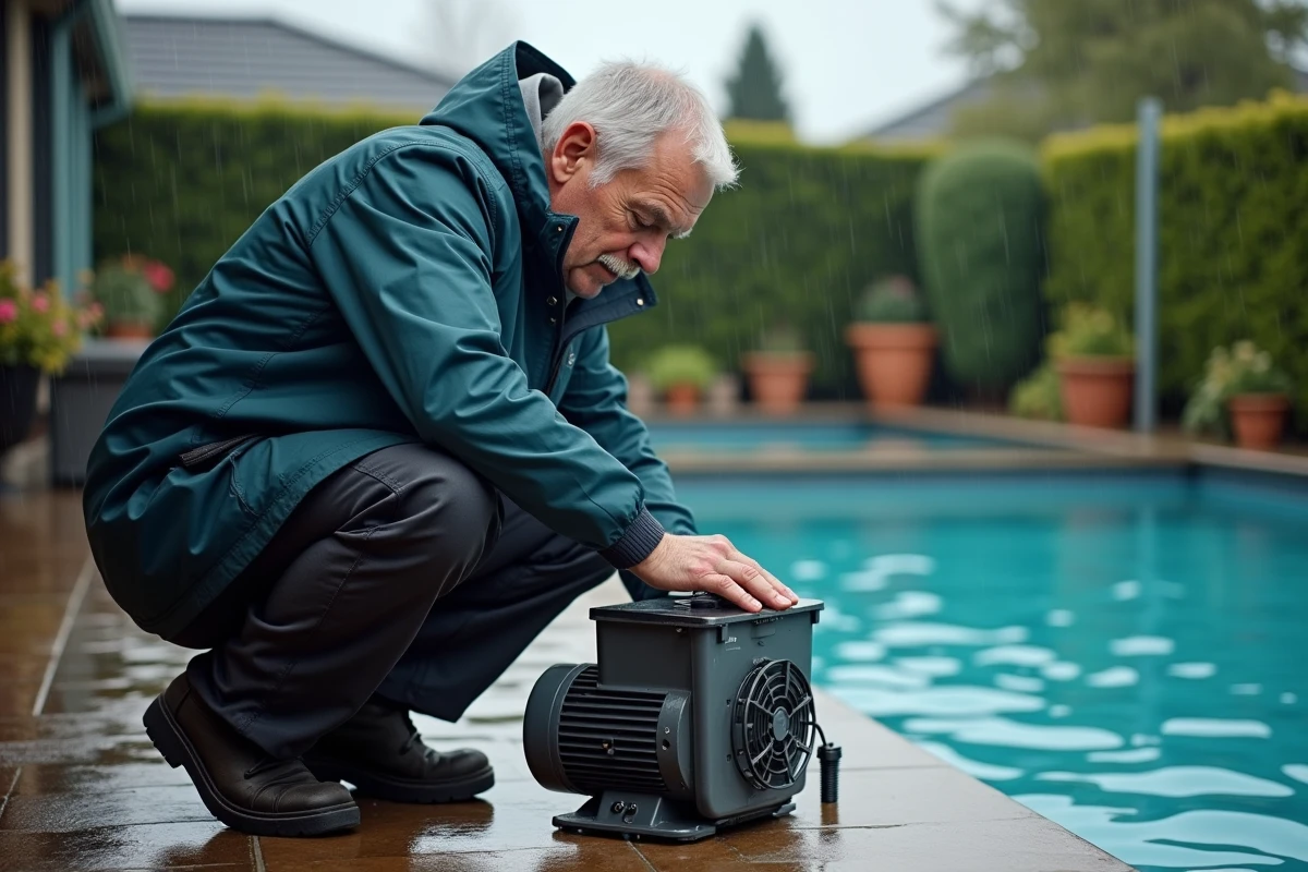 Homme inspectant la pompe de piscine sous la pluie dans un jardin résidentiel