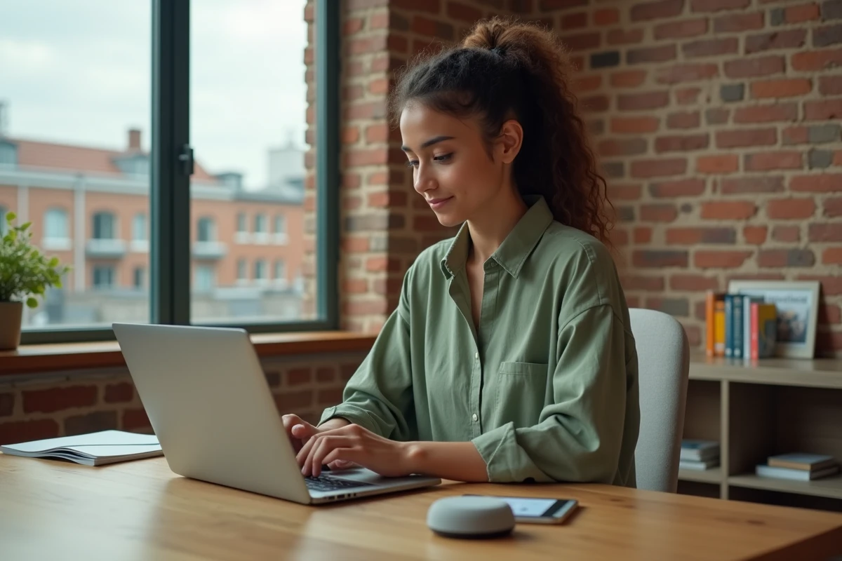 Jeune femme travaillant avec un ordinateur alimenté par intelligence artificielle dans un bureau à domicile moderne en 2024