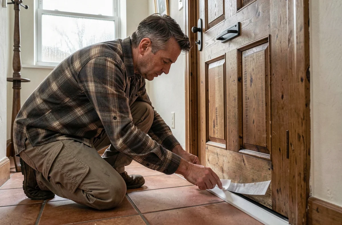 Homme posant un joint d'isolation sur une porte d'entrée pour limiter les pertes de chaleur et économiser sur le chauffage