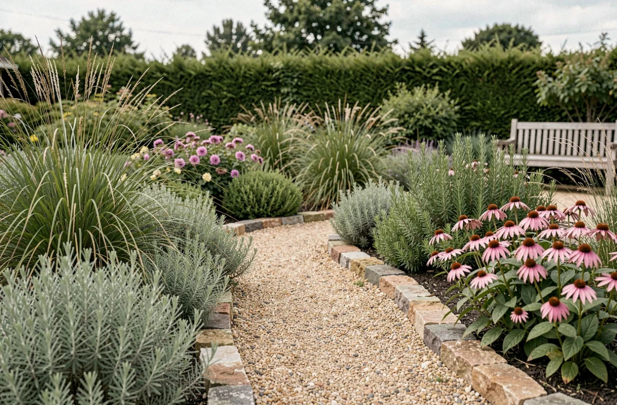 Jardin facile à entretenir avec allée de gravier, plantes résistantes à la sécheresse et bordure en pierre rustique