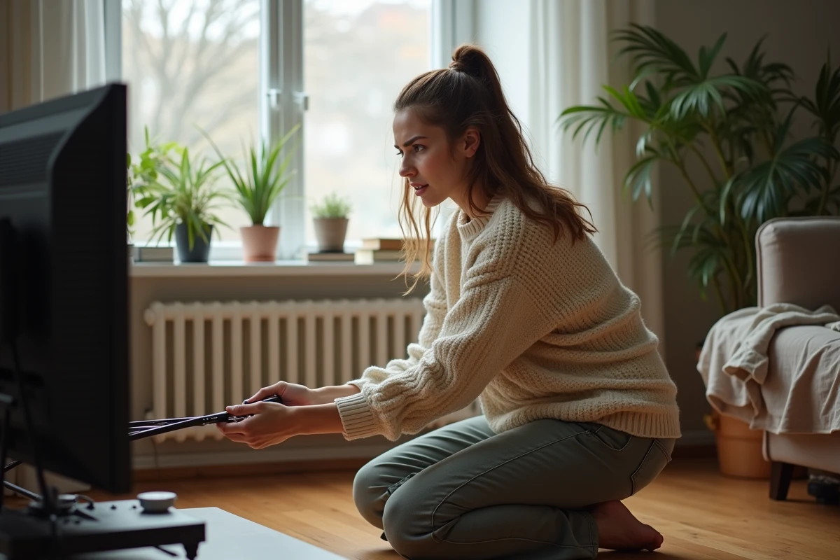 Jeune femme ajustant une antenne TV dans un appartement lumineux
