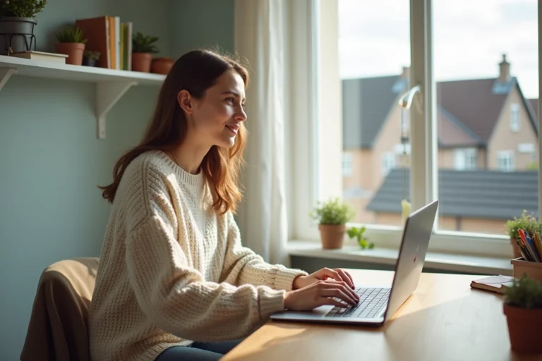 Jeune femme travaillant sur son ordinateur dans un bureau lumineux