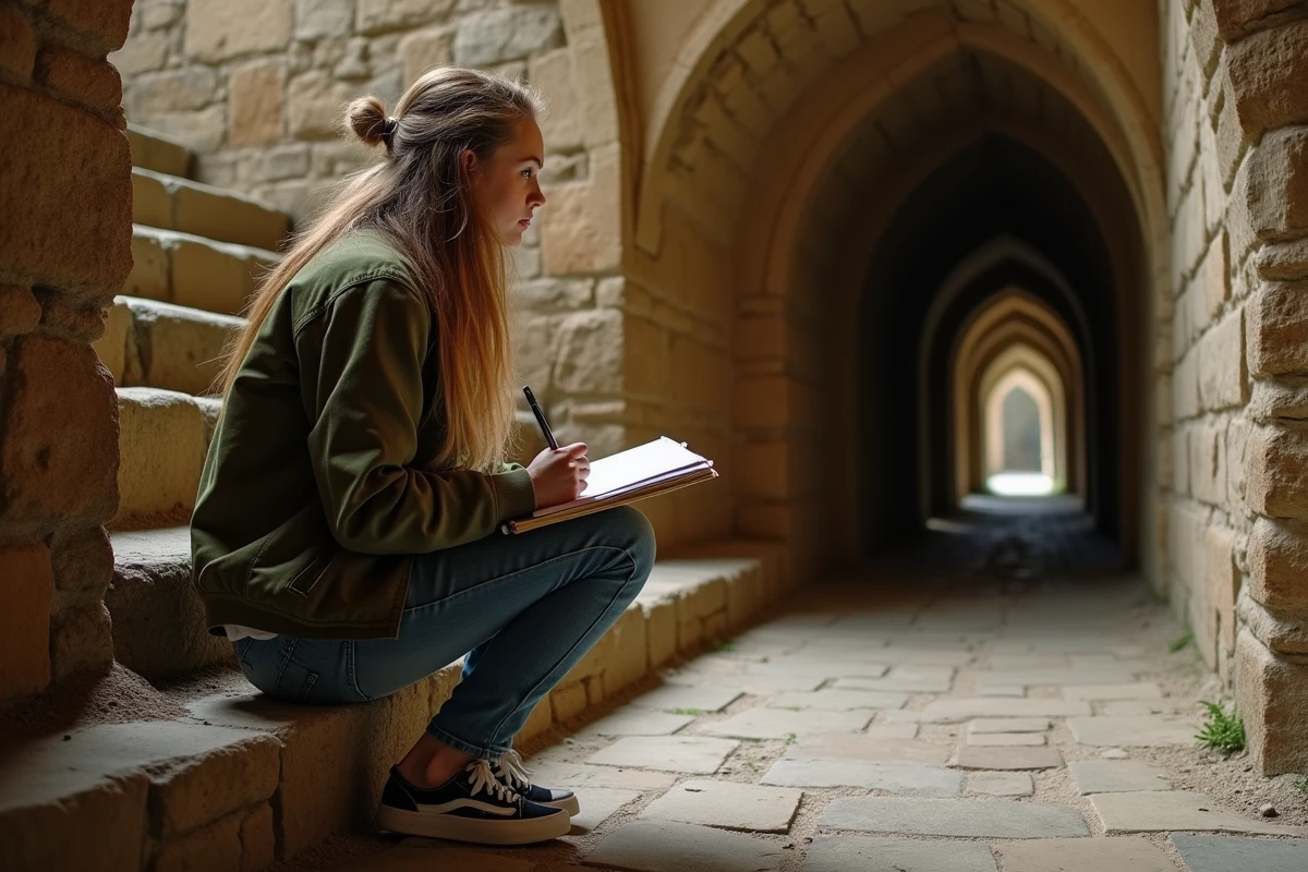 Jeune femme dessinant dans la crypte de la Maison Sublime