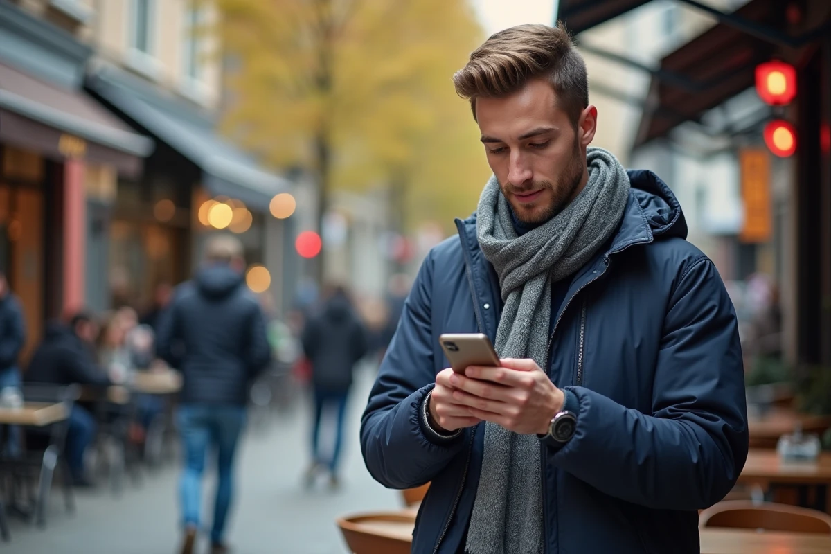 Jeune homme dans la rue utilisant son smartphone pour publier une annonce