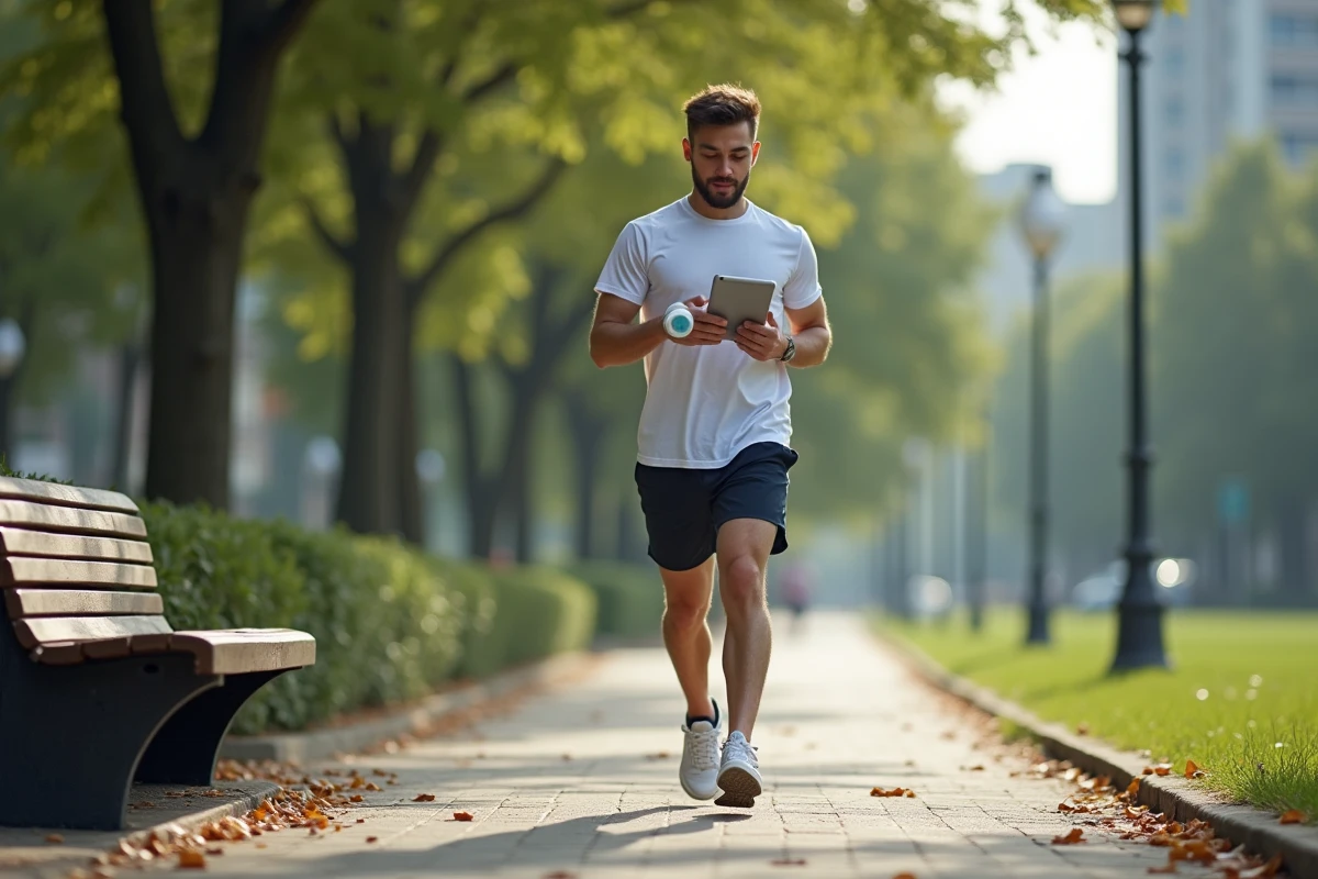 Jeune homme en plein exercice dans un parc urbain avec tablette