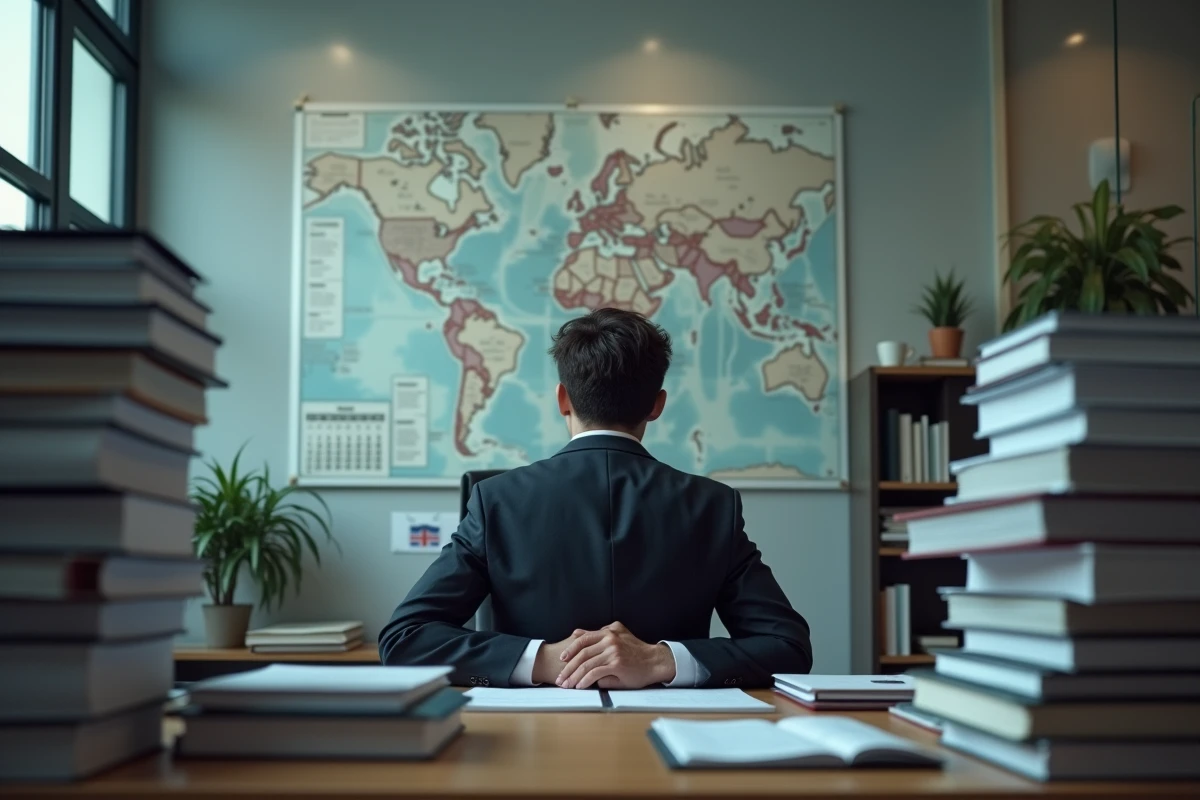 Un jeune notaire seul à son bureau avec des dossiers et un calendrier mural