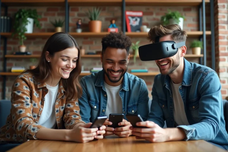 Groupe de jeunes adultes avec gadgets futuristes dans un loft