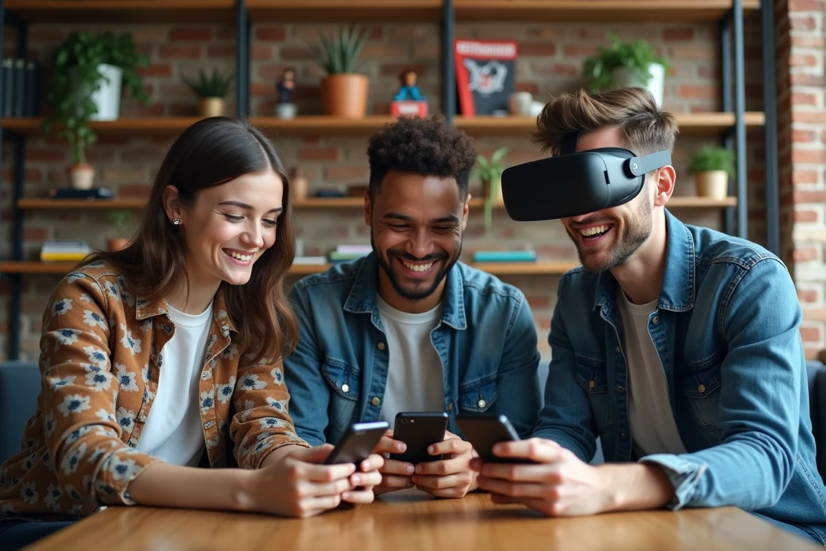 Groupe de jeunes adultes avec gadgets futuristes dans un loft