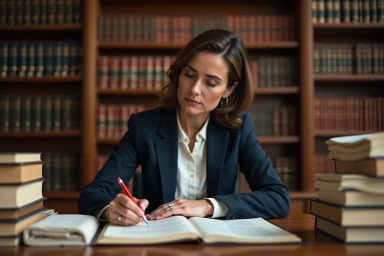 Juriste annotant un recueil de jurisprudence dans une bibliothèque juridique, illustrant l'analyse des arrêts de principe et arrêts d'espèce en droit