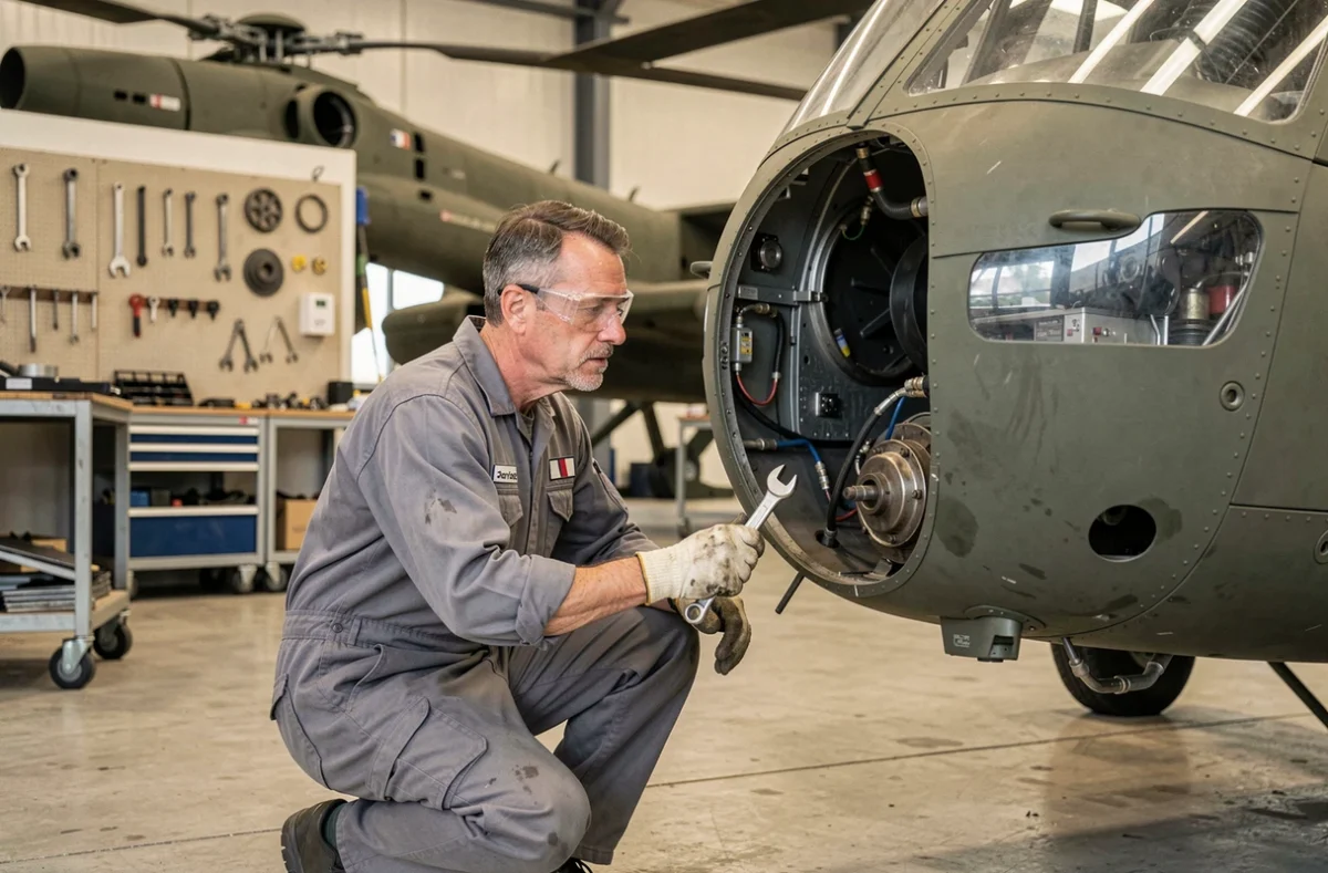 Technicien de l'armée française effectuant la maintenance d'un hélicoptère Puma SA 330 dans un atelier de base militaire