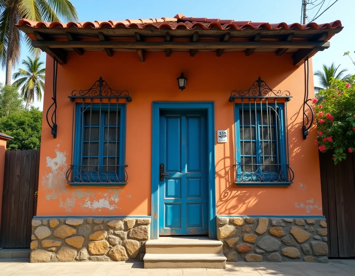 Maison traditionnelle haïtienne aux murs en terracotta et porte bleue cobalt, symbole des origines familiales de Leonard François père de Naomi Osaka