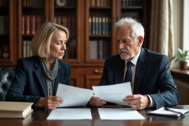Une femme d'âge moyen et un homme âgé examinent des documents officiels dans un bureau notarial