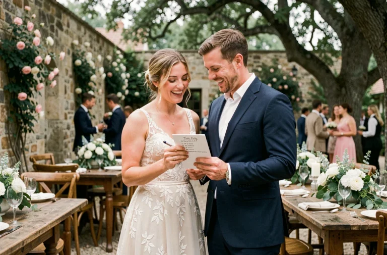 Couple de mariés heureux consultant une liste de planification lors de leur mariage en plein air dans un jardin fleuri
