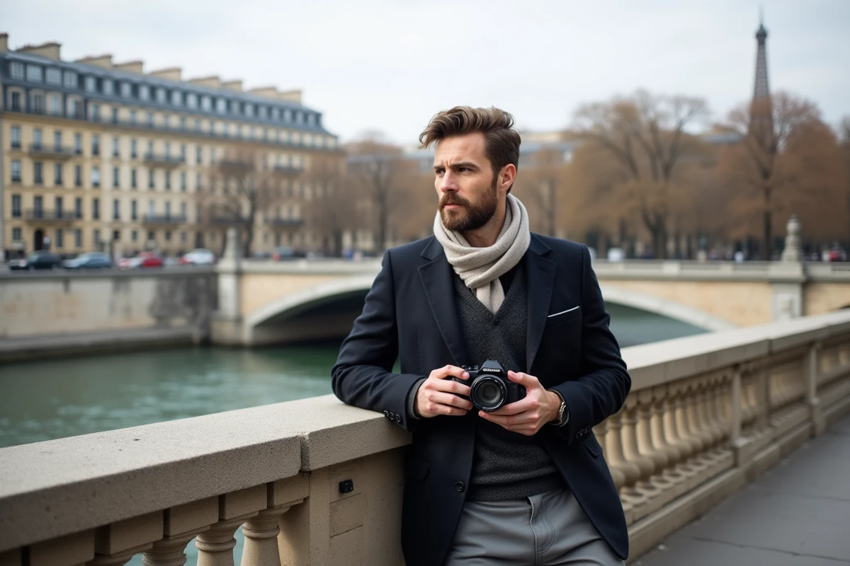Photographe parisien regardant la Seine depuis un pont