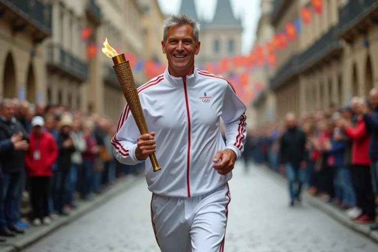 Homme d'âge moyen portant un survêtement olympique en courant avec la torche