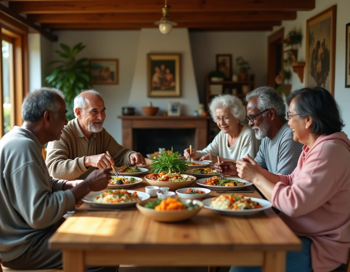 Repas en famille multigénérationnel mêlant cultures haïtienne et japonaise, illustrant les origines mixtes de la famille de Naomi Osaka et Leonard François