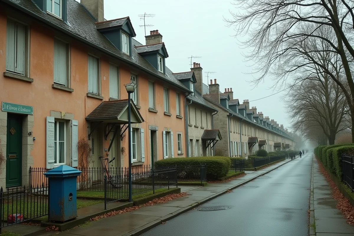 Rue résidentielle française typique des années 1980 évoquant l'enfance en banlieue, maisons modestes avec jardins et vélo rouillé contre un mur