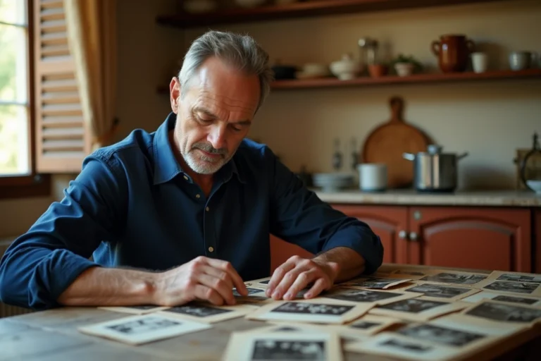Homme français d'une quarantaine d'années examinant de vieilles photos de famille dans une cuisine provinciale authentique, ambiance nostalgique et intime