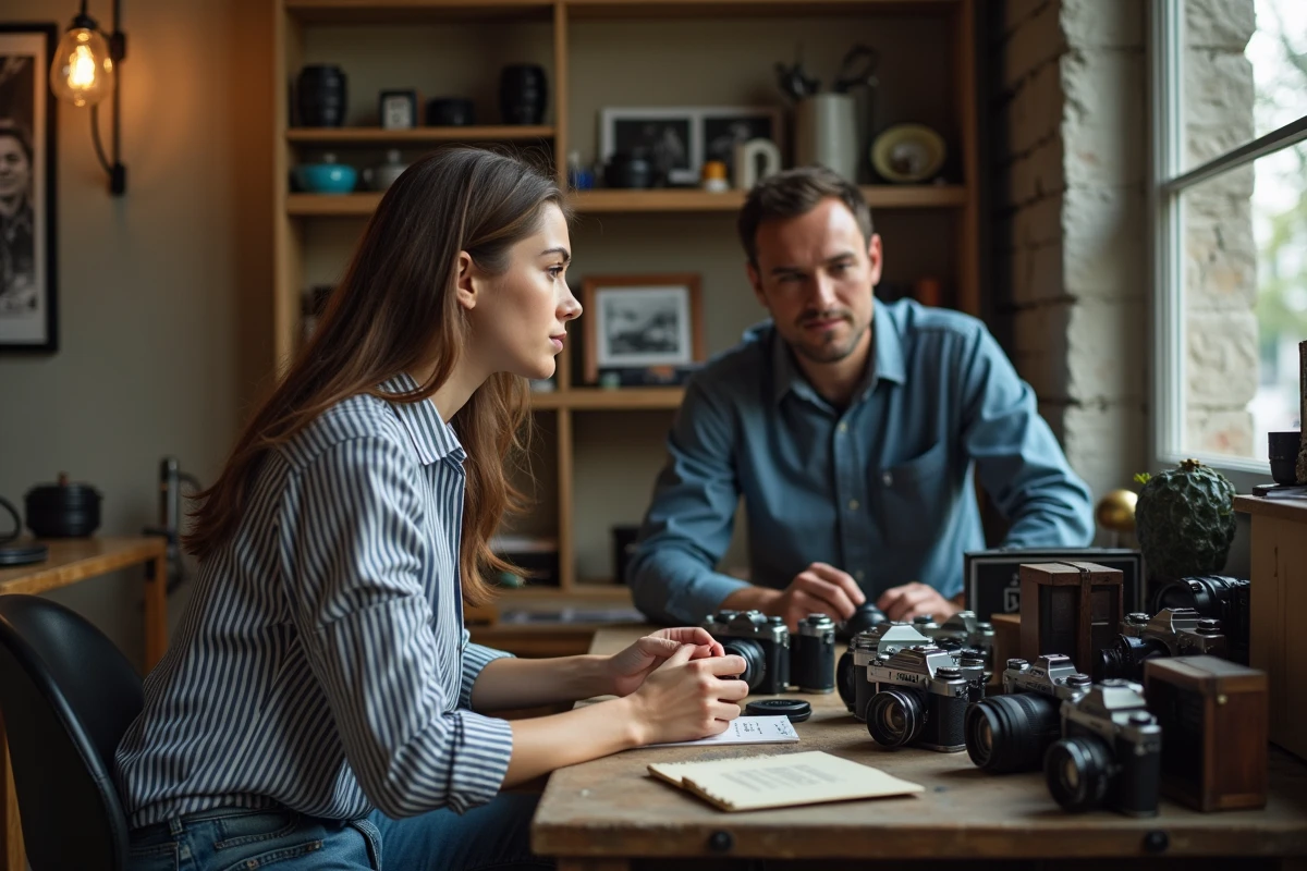 Jeune femme observant Greg dans son studio montmartrois