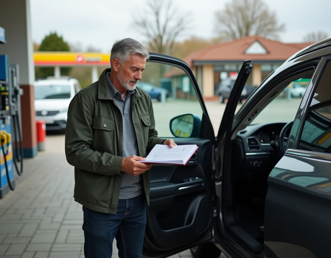 Homme consultant le carnet d'entretien de son SUV dans une station-service pour suivre les révisions régulières