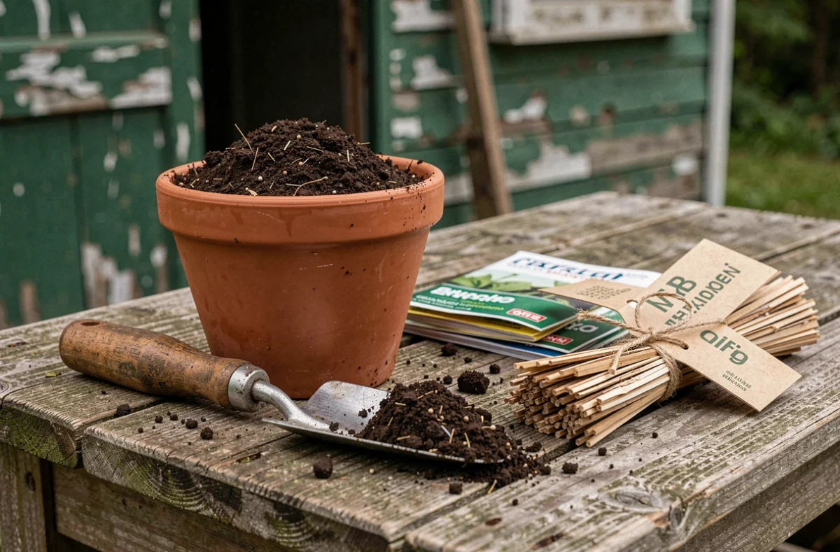 Table de rempotage en bois avec outils de jardinage, pot en terre cuite, compost et sachets de graines