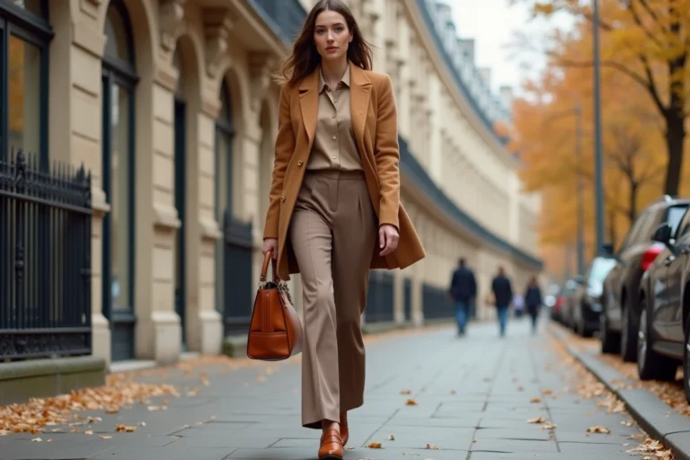 Femme élégante en manteau camel marchant sur un boulevard haussmannien à Paris, tenue mode automne tendance