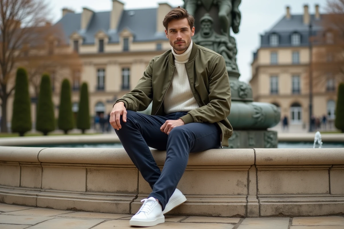 Homme tendance en blouson bomber olive assis près d'une fontaine parisienne, style mode masculin urbain