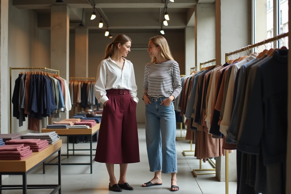 Deux femmes tendance faisant du shopping dans un concept store parisien, inspirations mode printemps été